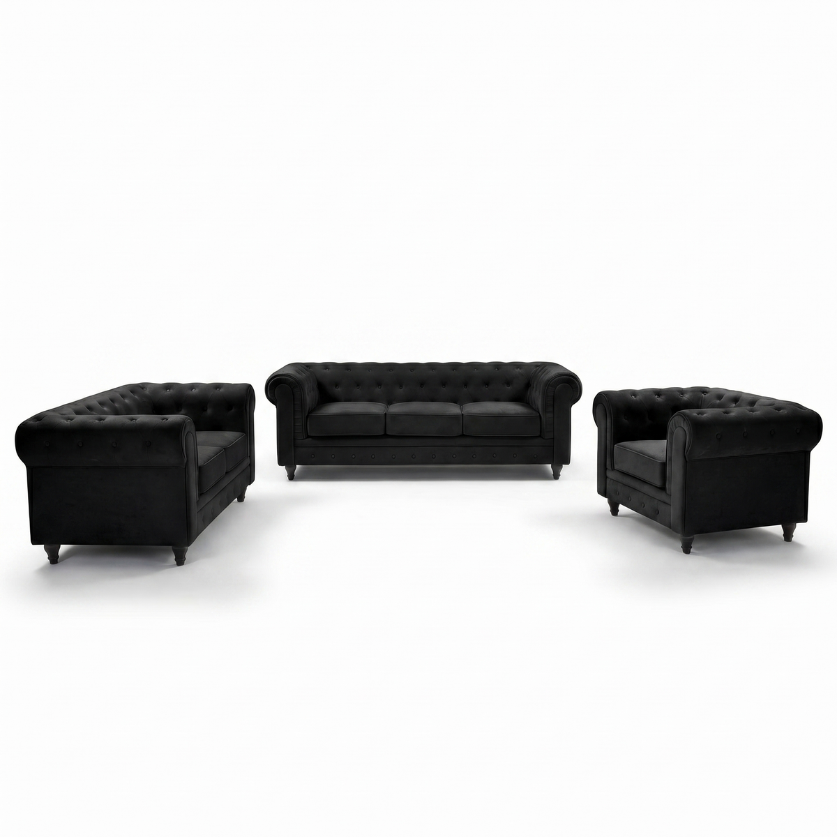 Chesterfield Velvet Sofa Suite, Black 3 Piece Set with Armchair, 2 Seater and 3 Seater Sofa, Button Back