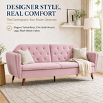 Victoria Velvet Sofa Bed, Rose Pink, 3 Seater Click Clack Double Sofa Bed with Split Back and Gold Legs