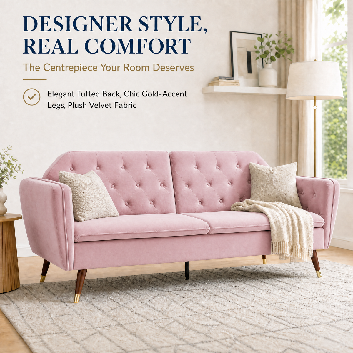 Victoria Velvet Sofa Bed, Rose Pink, 3 Seater Click Clack Double Sofa Bed with Split Back and Gold Legs