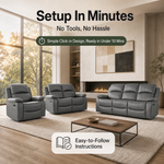 Recliner Sofa 3 Seater, Charcoal Grey Faux Leather, Manual Reclining Settee with Pop-Out Footrests, Steel Frame