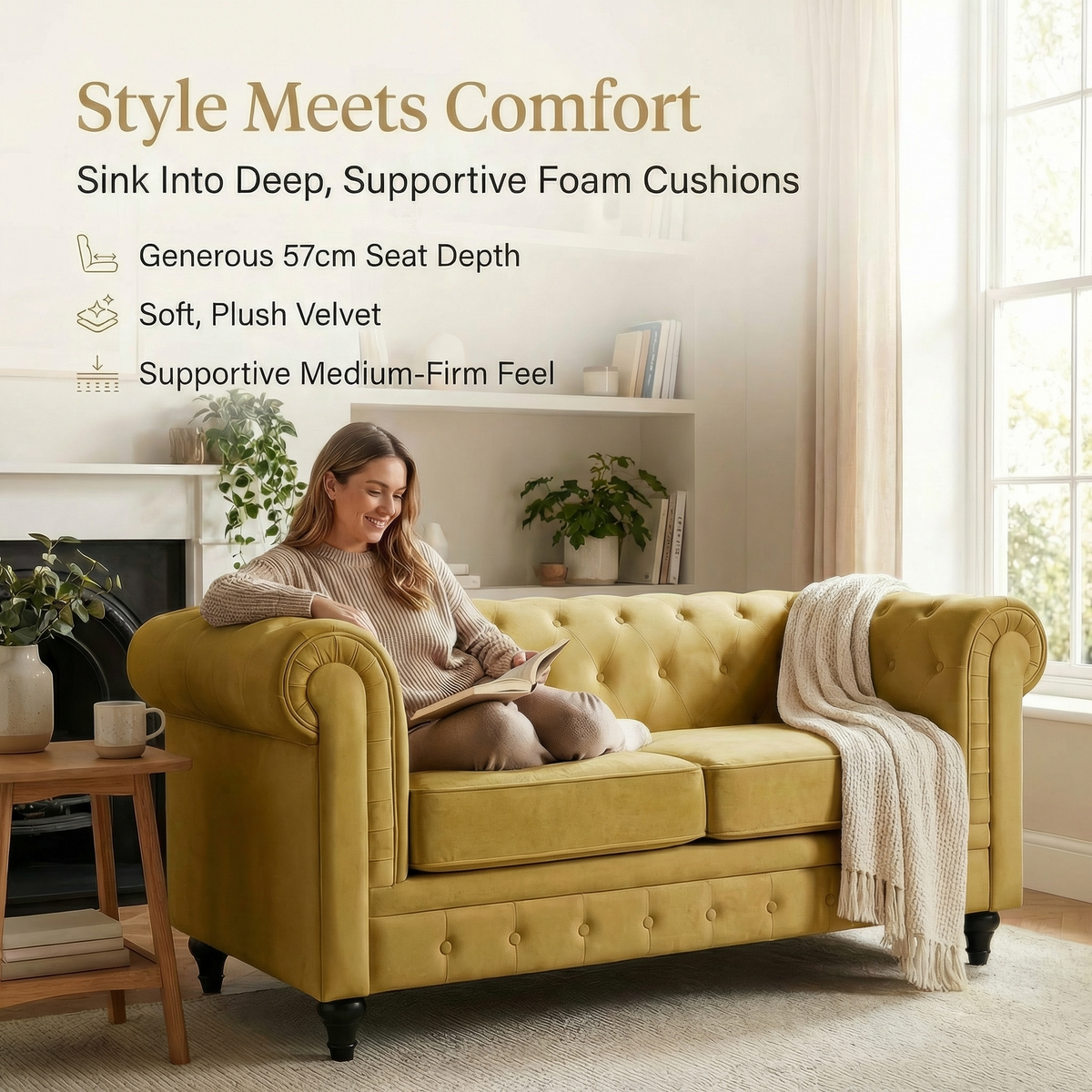 Chesterfield Velvet Sofa Set, Olive Gold 2 and 3 Seater Sofas, Button Tufted Back, Scroll Arms and Solid Wood Frame