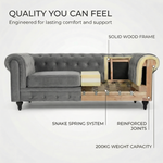 Chesterfield Velvet Sofa Set, Grey 2 and 3 Seater Sofas, Button Tufted Back, Scroll Arms and Solid Wood Frame