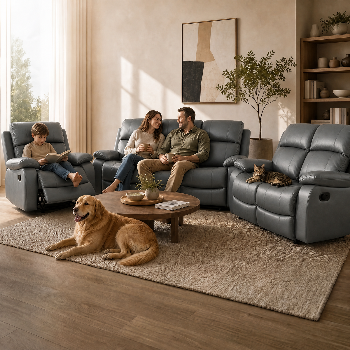 Recliner Sofa Suite 3 Piece, Charcoal Grey Faux Leather, Armchair, 2 Seater and 3 Seater, Manual Reclining Set
