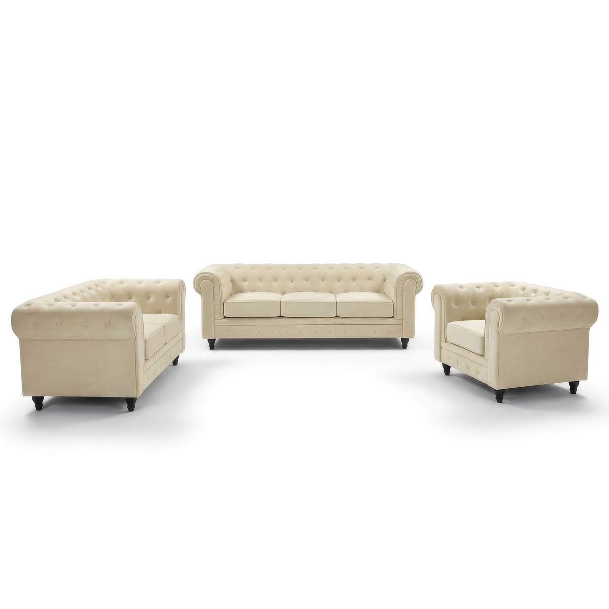 Chesterfield Velvet Sofa Suite, Cream 3 Piece Set with Armchair, 2 Seater and 3 Seater Sofa, Button Back