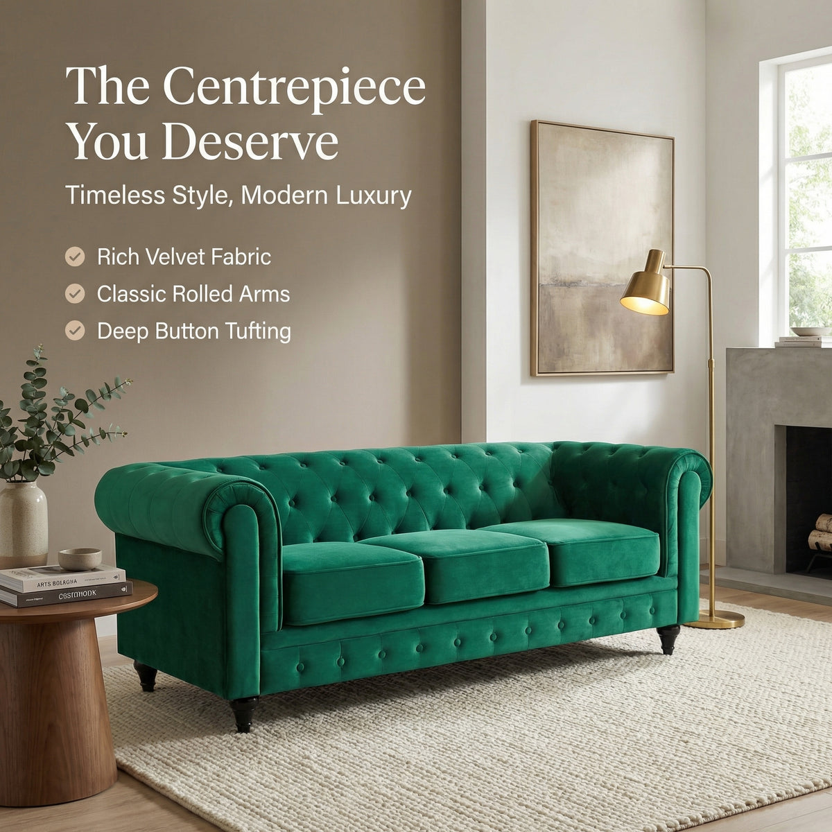 Chesterfield Velvet Sofa Set, Jade Green 2 and 3 Seater Sofas, Button Tufted Back, Scroll Arms and Solid Wood Frame
