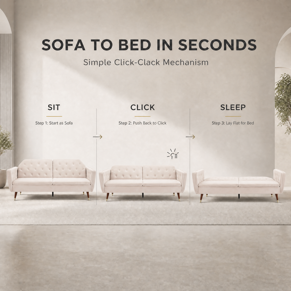 Victoria Velvet Sofa Bed, Cream, 3 Seater Click Clack Double Sofa Bed with Split Back and Gold Legs
