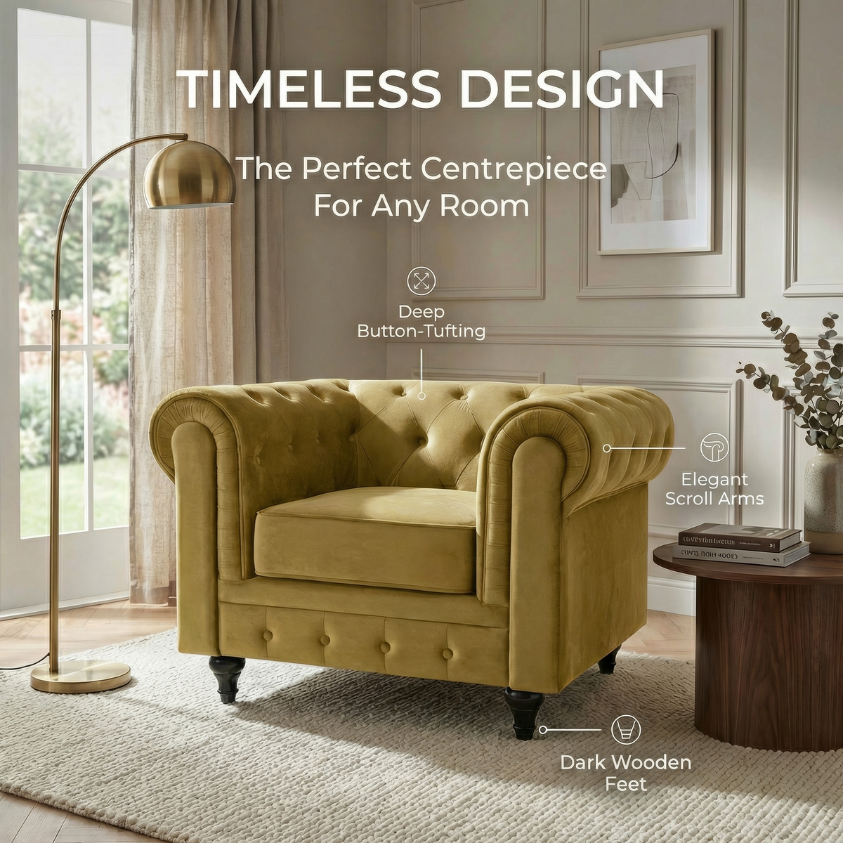 Chesterfield Velvet Armchair in Olive Gold, Button Tufted Accent Chair with Scroll Arms and Solid Wood Frame