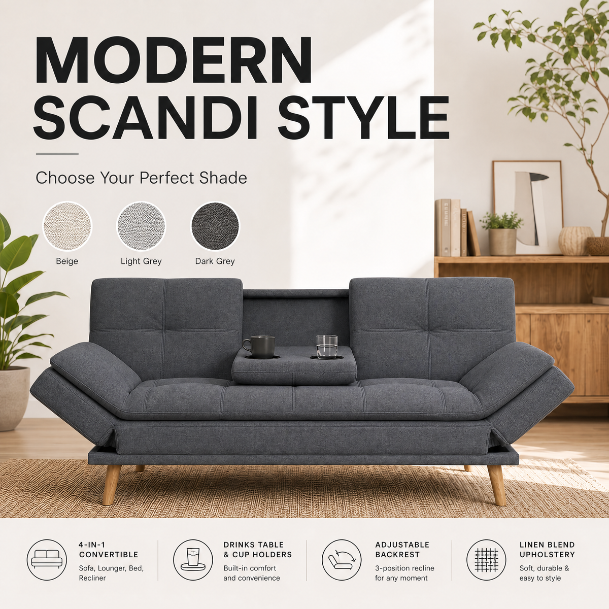 Soho Click Clack Sofa Bed, Dark Grey Linen Blend 3 Seater 4-in-1 Convertible Sofa with Drinks Table and Cup Holders