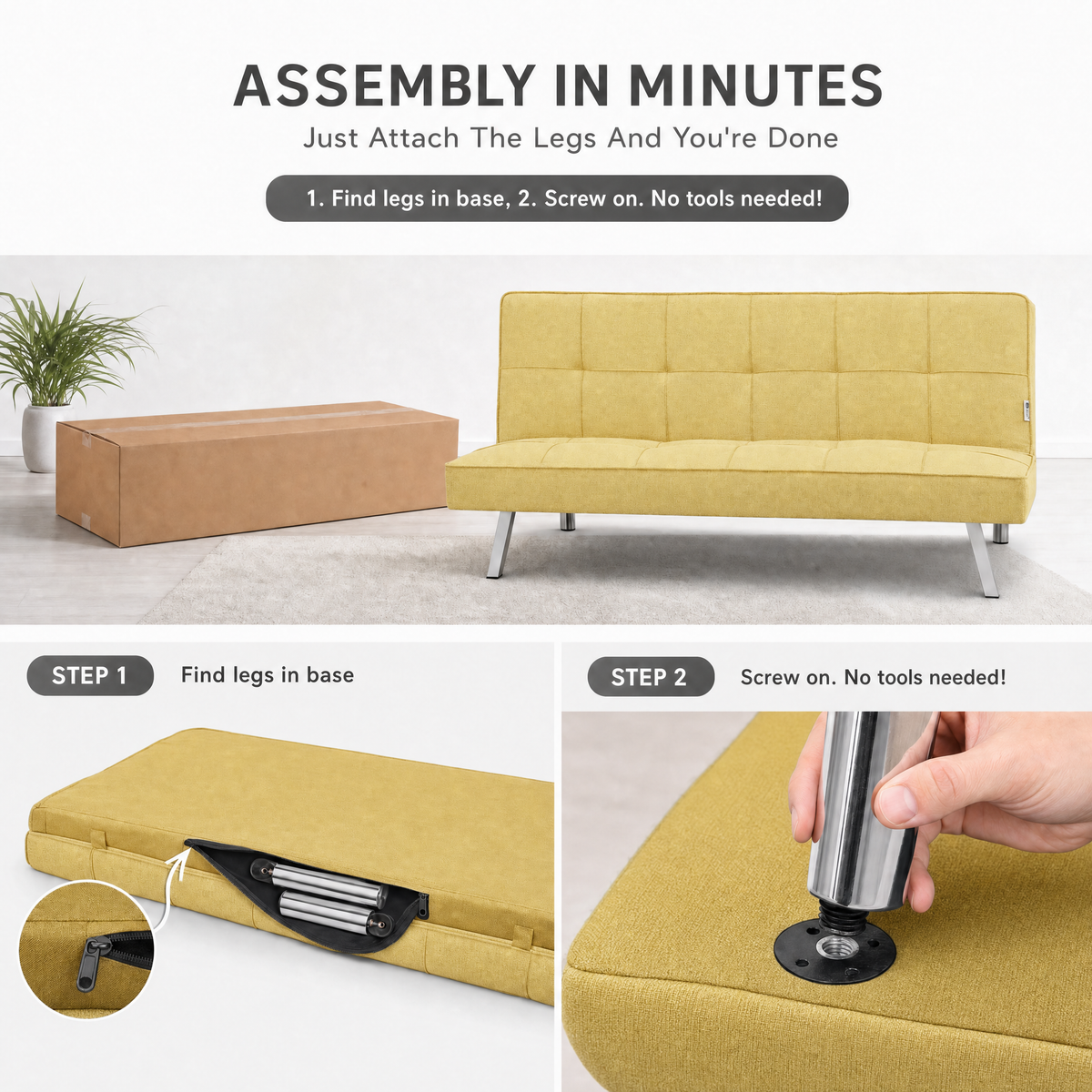 Britney Yellow Click Clack Sofa Bed, 3 Seater Linen Blend Fabric Settee, Converts to Double Bed, Chrome Legs