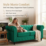 Chesterfield Velvet Sofa Set, Jade Green 2 and 3 Seater Sofas, Button Tufted Back, Scroll Arms and Solid Wood Frame