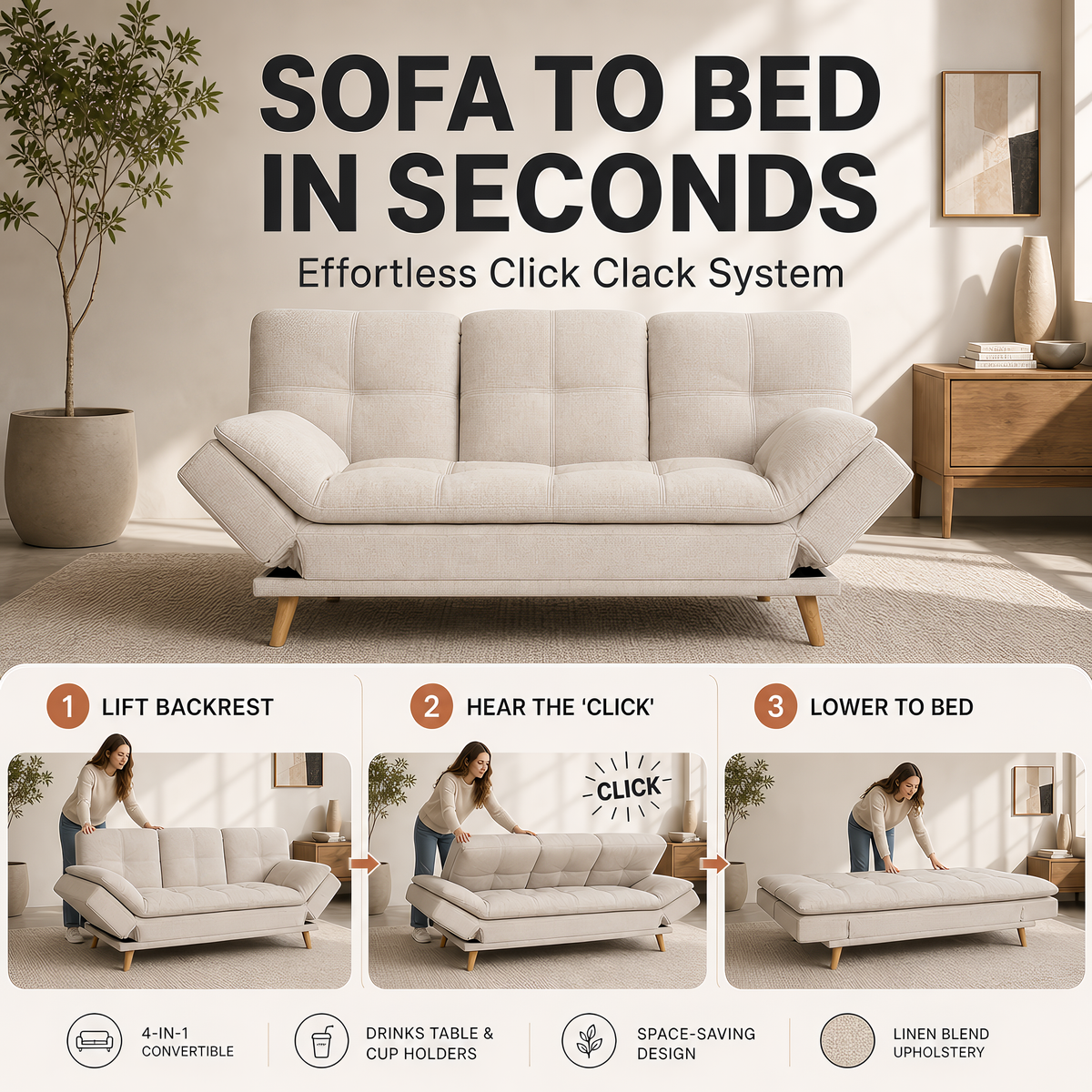 Soho Click Clack Sofa Bed, Beige Linen Blend 3 Seater 4-in-1 Convertible Sofa with Drinks Table and Cup Holders