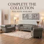 Chesterfield Grey Faux Leather Sofa Set, 2 and 3 Seater Settees with Rolled Arms, Button Backs and Gold Studs