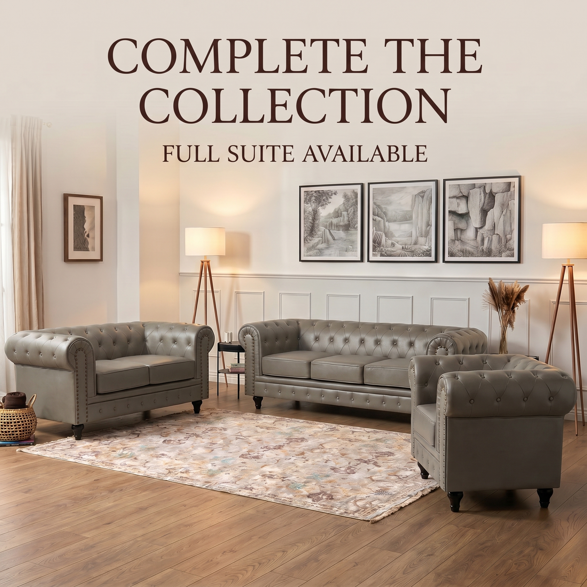 Chesterfield Grey Faux Leather Sofa, 2 Seater Settee with Rolled Arms, Button Back and Gold Studs