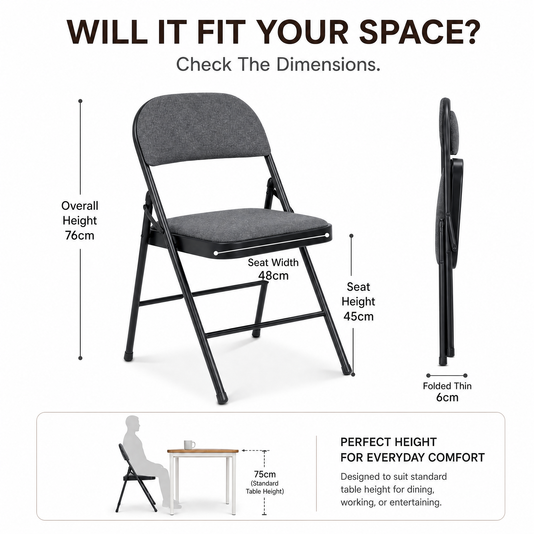 Folding Fabric Office Dining Chair - Grey
