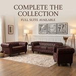 Chesterfield Brown Faux Leather Sofa, 2 Seater Settee with Rolled Arms, Button Back and Gold Studs