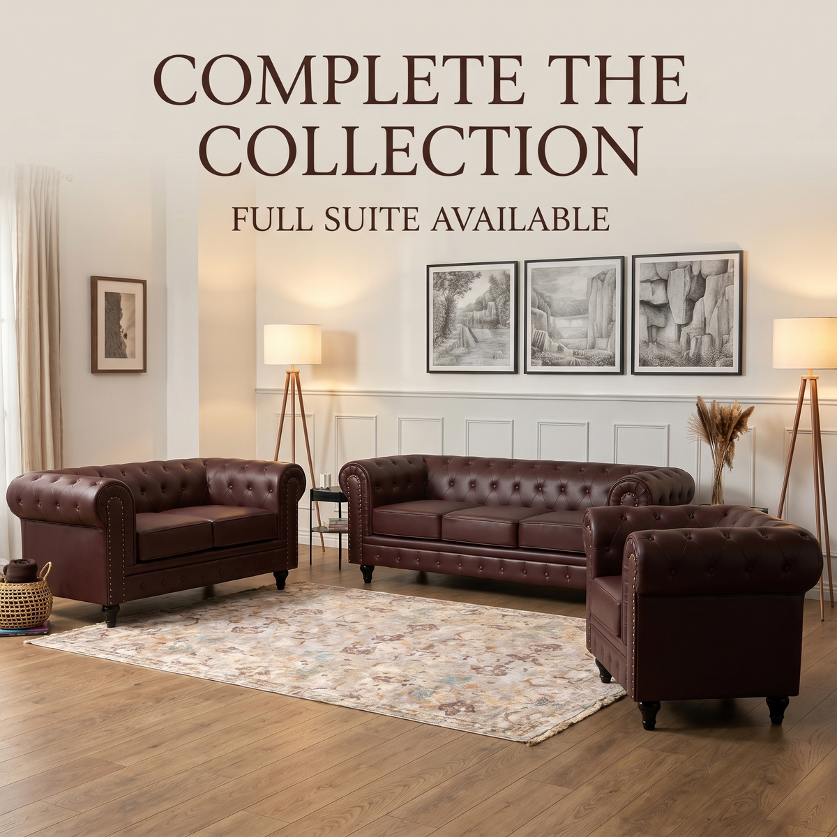 Chesterfield Brown Faux Leather Sofa, 2 Seater Settee with Rolled Arms, Button Back and Gold Studs