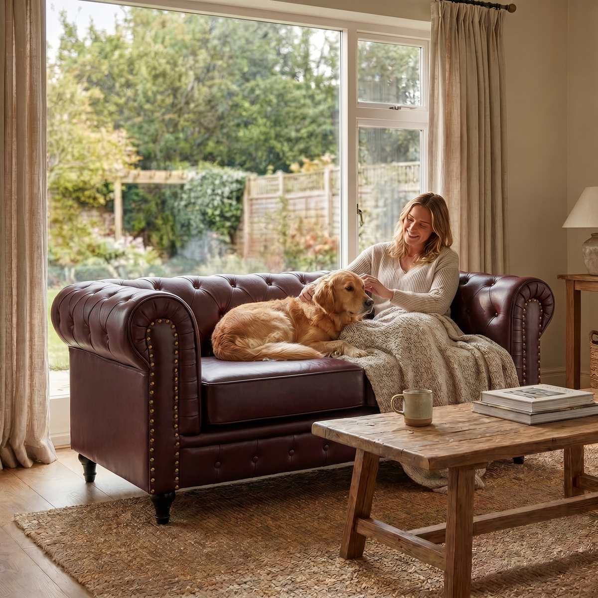 Chesterfield Brown Faux Leather Sofa, 2 Seater Settee with Rolled Arms, Button Back and Gold Studs