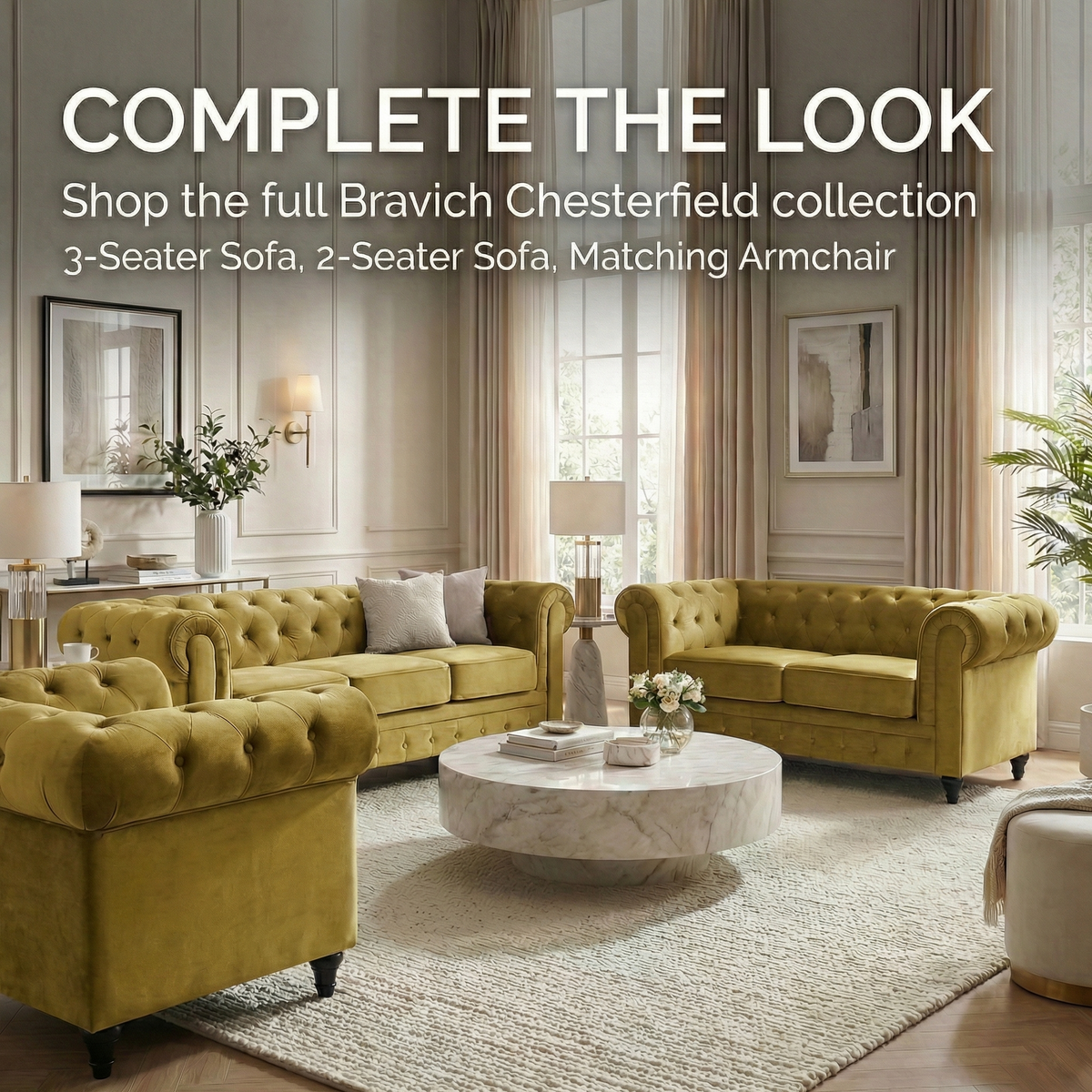 Chesterfield Velvet Sofa Suite, Olive Gold 3 Piece Set with Armchair, 2 Seater and 3 Seater Sofa, Button Back