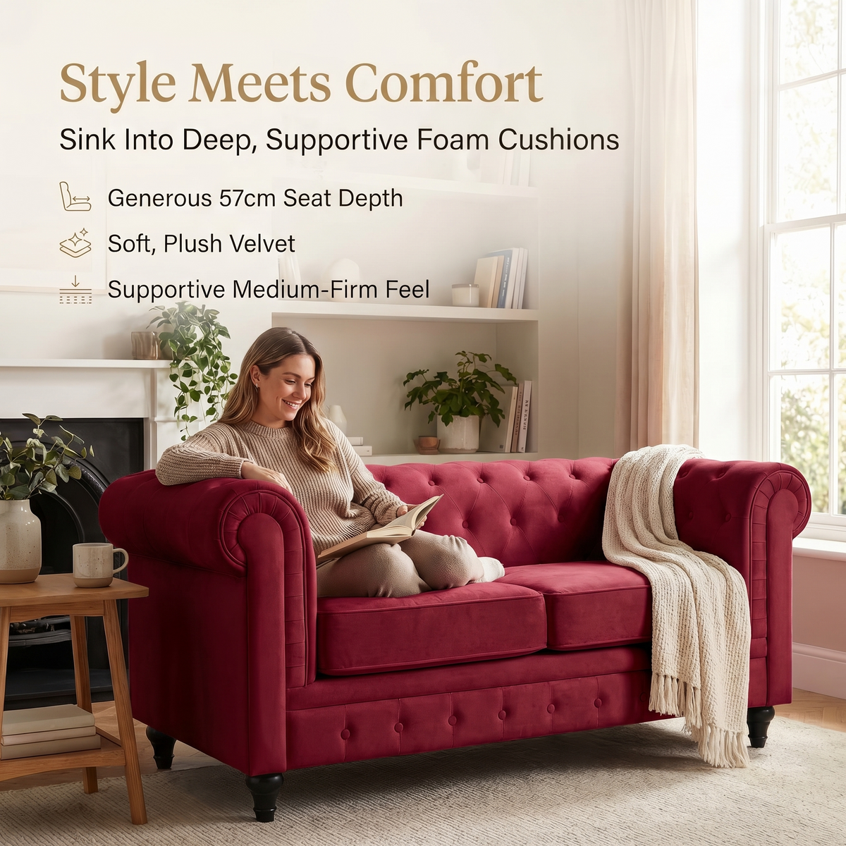 Chesterfield Velvet Sofa Suite, Red 3 Piece Set with Armchair, 2 Seater and 3 Seater Sofa, Button Back
