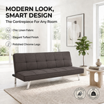 Britney Brown Click Clack Sofa Bed, 3 Seater Linen Blend Fabric Settee, Converts to Double Bed, Chrome Legs