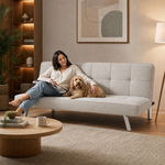 Britney Beige Click Clack Sofa Bed, 3 Seater Linen Blend Fabric Settee, Converts to Double Bed, Chrome Legs
