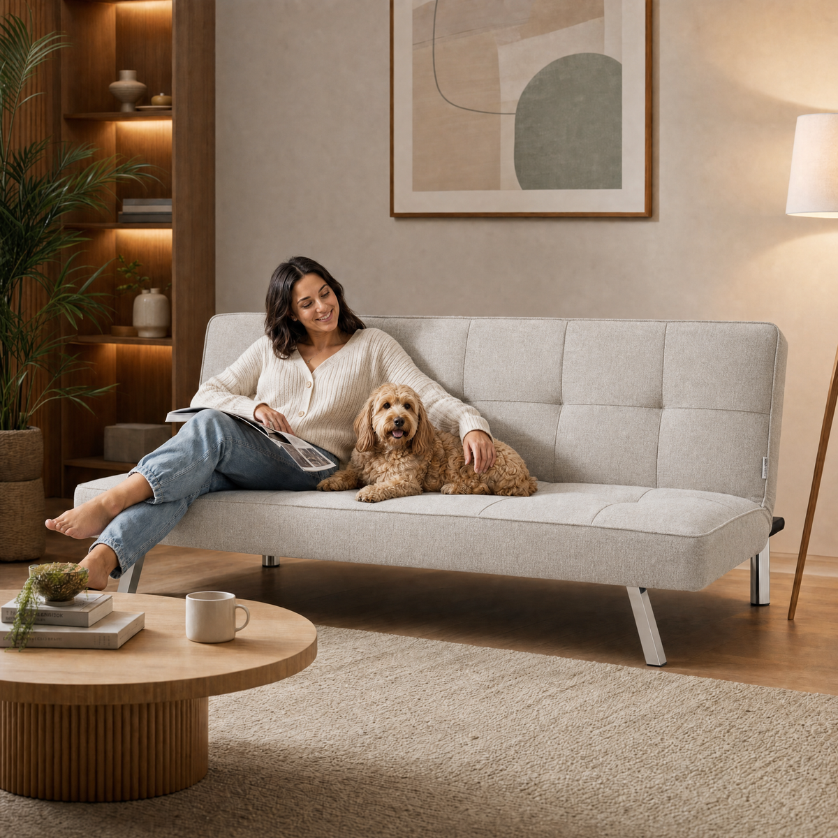 Britney Beige Click Clack Sofa Bed, 3 Seater Linen Blend Fabric Settee, Converts to Double Bed, Chrome Legs
