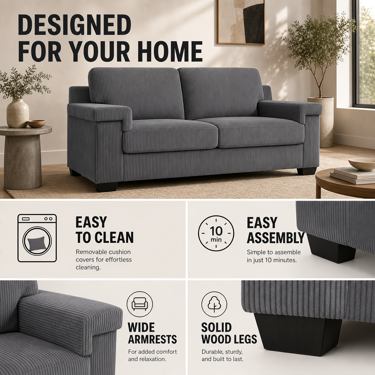 Enzo Grey Corduroy Sofa, 3 Seater Fabric Settee with Adjustable Back, Thick Foam Cushions and Wooden Feet