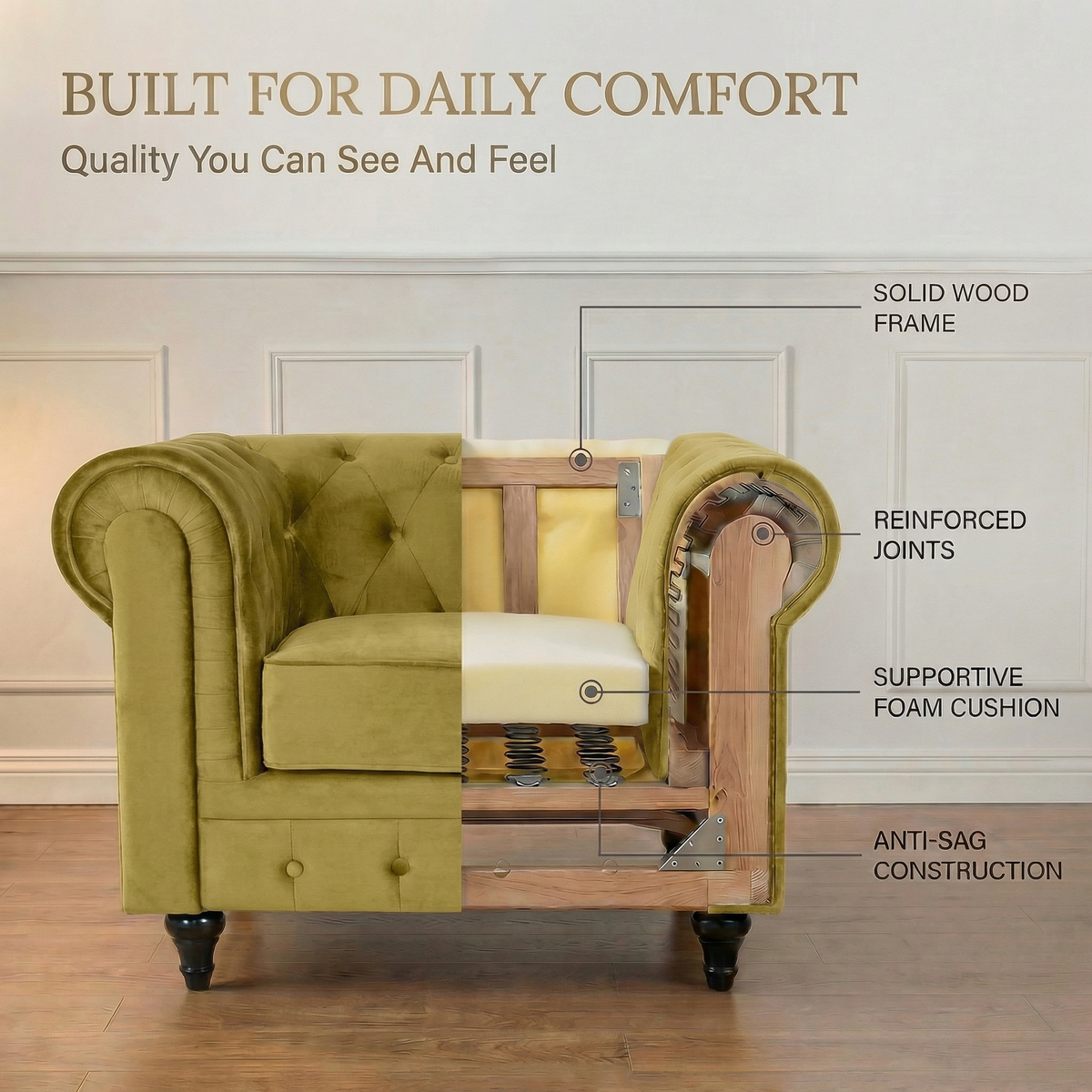 Chesterfield Velvet Armchair in Olive Gold, Button Tufted Accent Chair with Scroll Arms and Solid Wood Frame