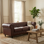 Chesterfield Brown Faux Leather Sofa Set, 2 and 3 Seater Settees with Rolled Arms, Button Backs and Gold Studs