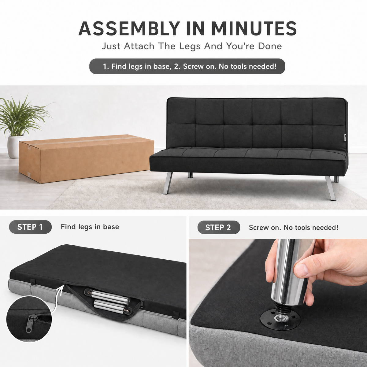 Britney Black Click Clack Sofa Bed, 3 Seater Linen Blend Fabric Settee, Converts to Double Bed, Chrome Legs