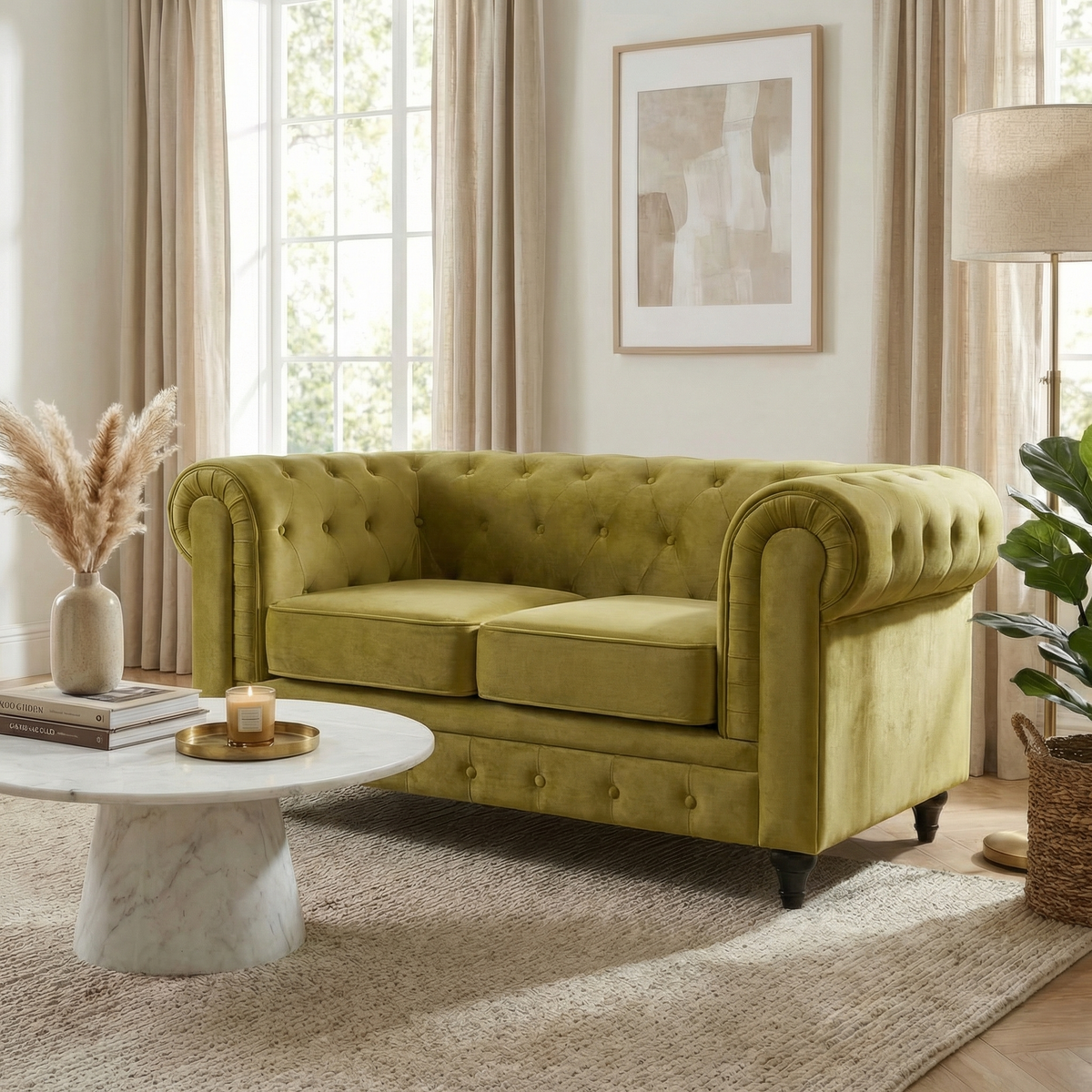 Chesterfield Velvet Sofa Suite, Olive Gold 3 Piece Set with Armchair, 2 Seater and 3 Seater Sofa, Button Back