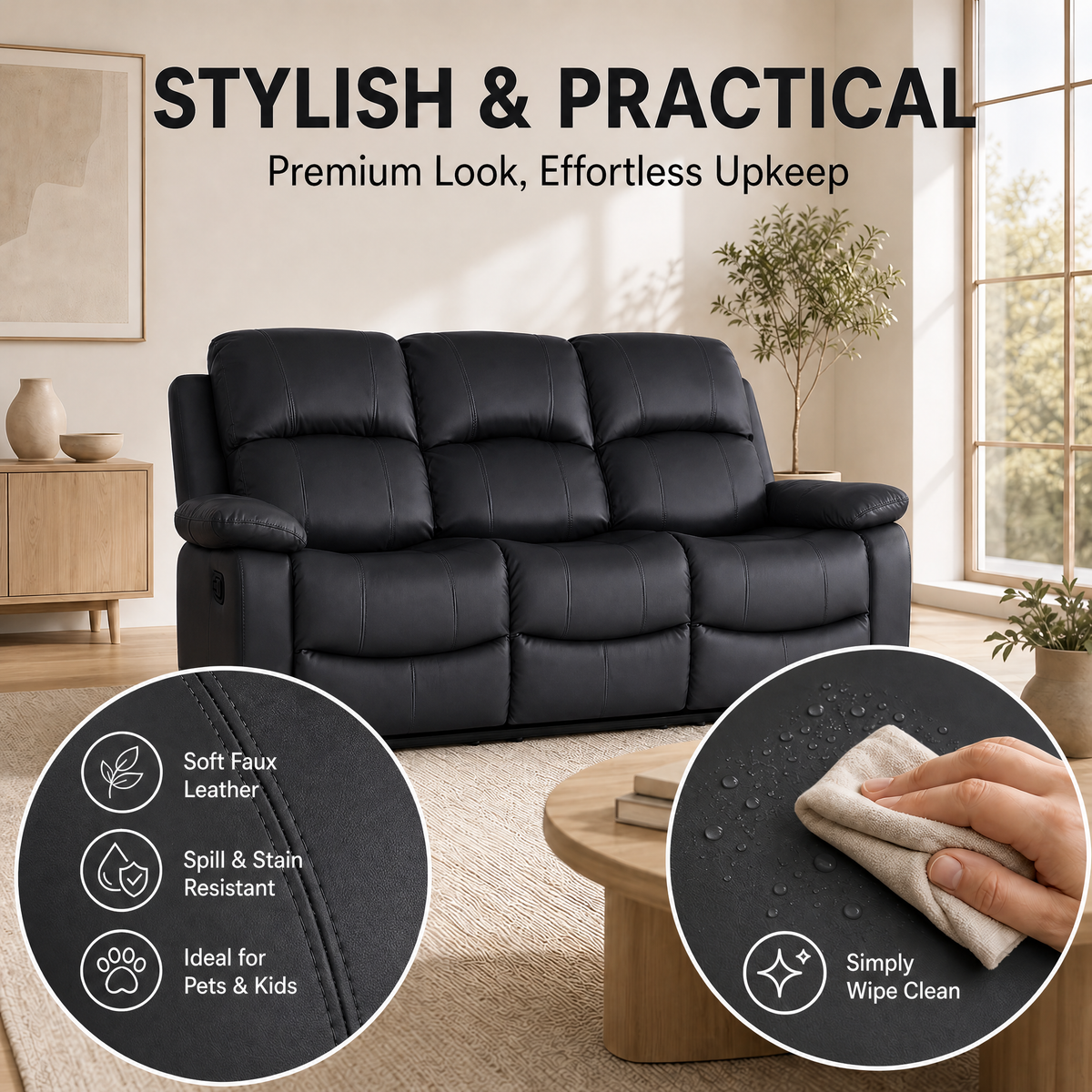 Recliner Sofa Set 2 and 3 Seater, Black Faux Leather, Manual Reclining Sofas with Footrests, Seats 5, Steel Frame