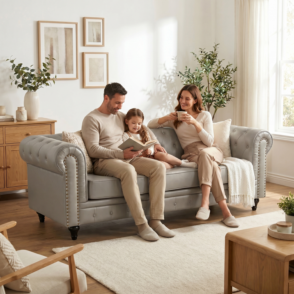 Chesterfield Grey Faux Leather Sofa, 3 Seater Settee with Rolled Arms, Button Back and Gold Studs