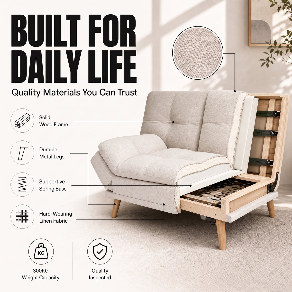 Soho Click Clack Sofa Bed, Beige Linen Blend 3 Seater 4-in-1 Convertible Sofa with Drinks Table and Cup Holders