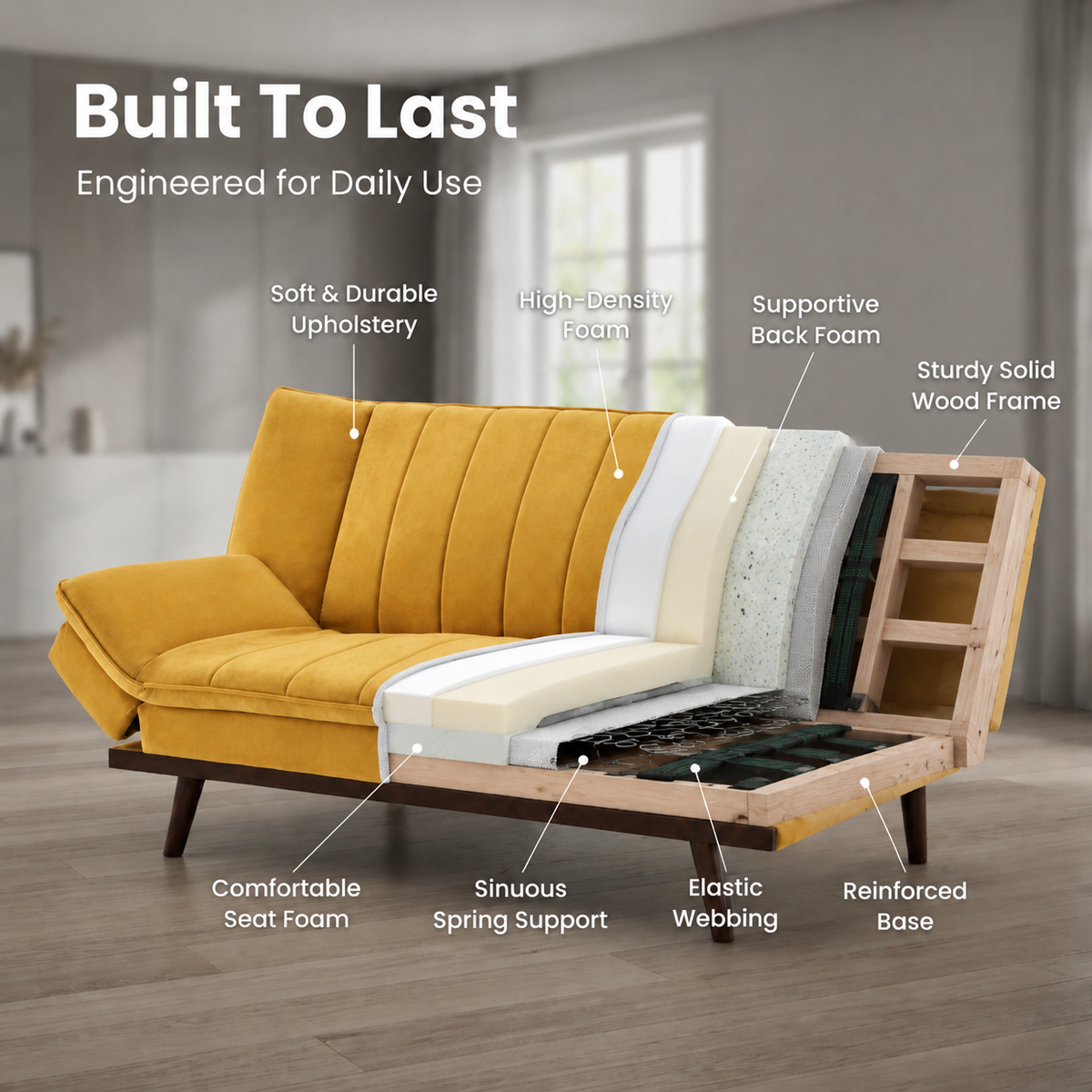 Mondaine Mustard Yellow Velvet Sofa Bed, 3 Seater Click Clack Double Bed 188 x 112cm with Wooden Legs, Seats 3 Sleeps 2