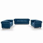 Chesterfield Velvet Sofa Suite, Navy Blue 3 Piece Set with Armchair, 2 Seater and 3 Seater Sofa, Button Back