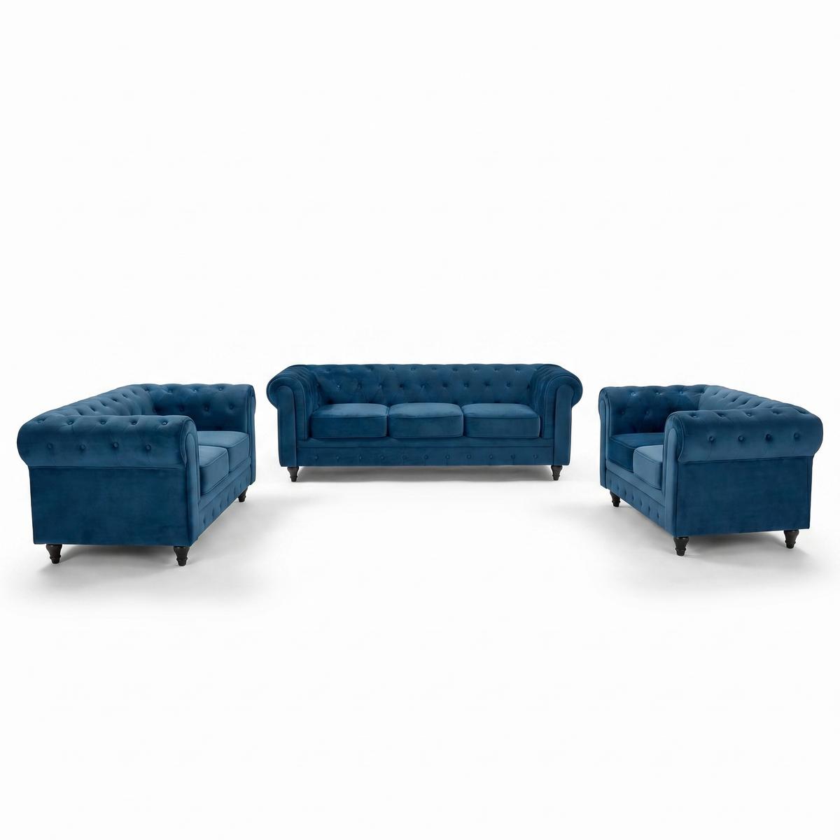 Chesterfield Velvet Sofa Suite, Navy Blue 3 Piece Set with Armchair, 2 Seater and 3 Seater Sofa, Button Back