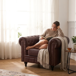 Chesterfield Brown Faux Leather Sofa Suite, 3 Piece Set with 3 Seater, 2 Seater and Armchair, Gold Studs