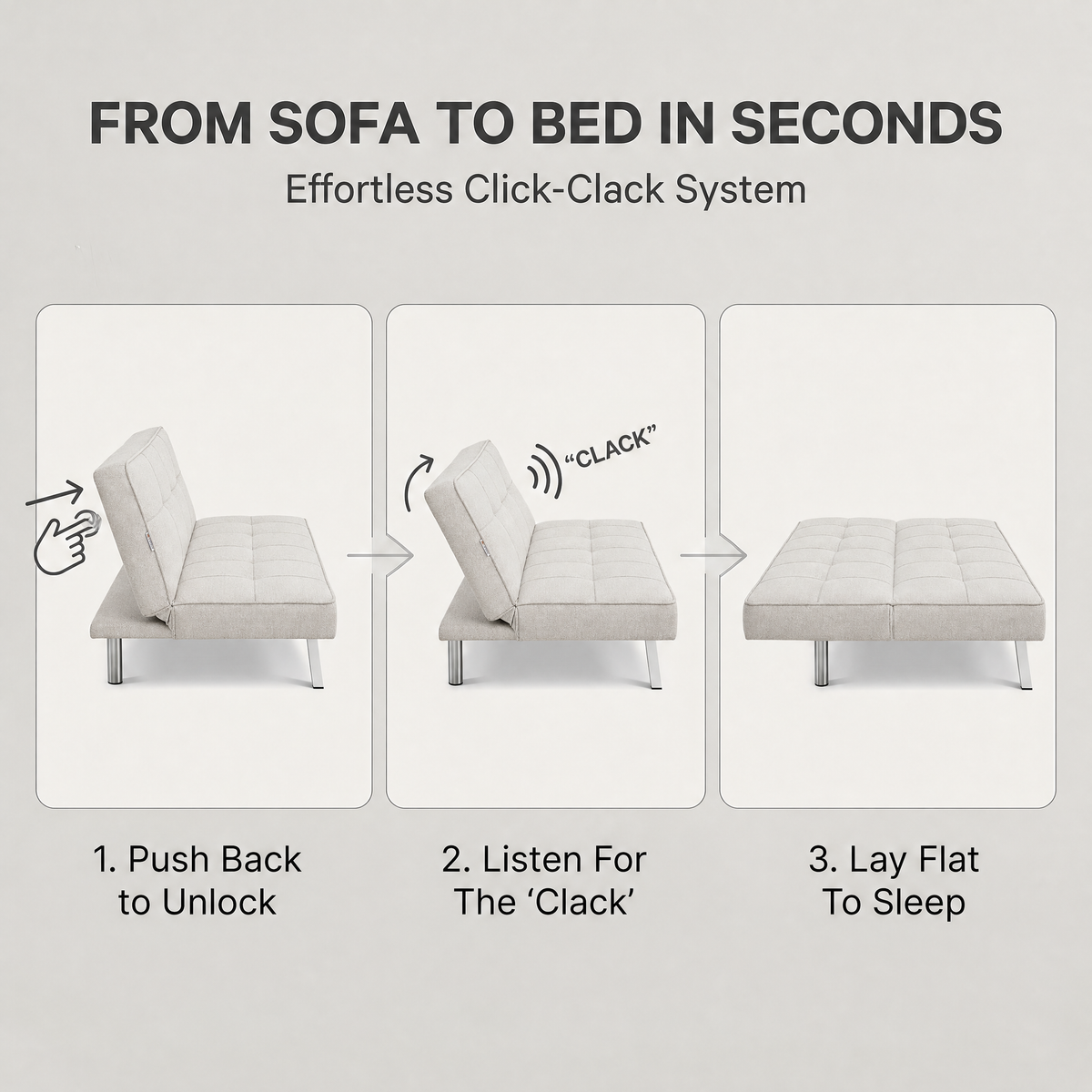 Britney Beige Click Clack Sofa Bed, 3 Seater Linen Blend Fabric Settee, Converts to Double Bed, Chrome Legs