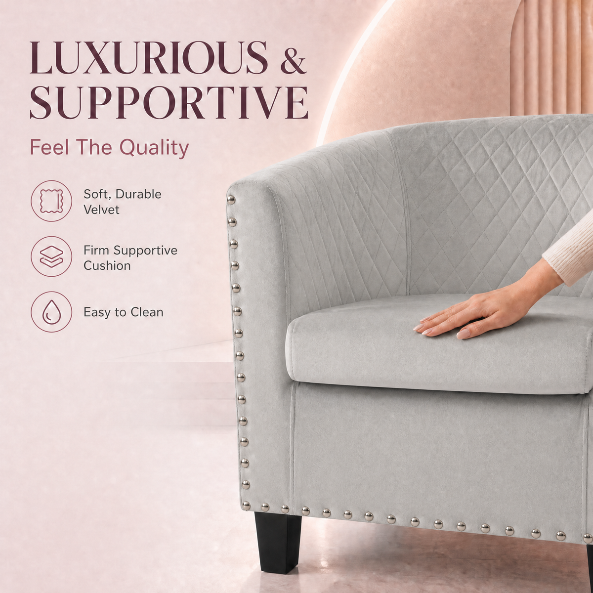 Light Grey Velvet Tub Chair, Stilo Compact Accent Armchair with Tufted Back, Dressing Table and Bedroom Chair