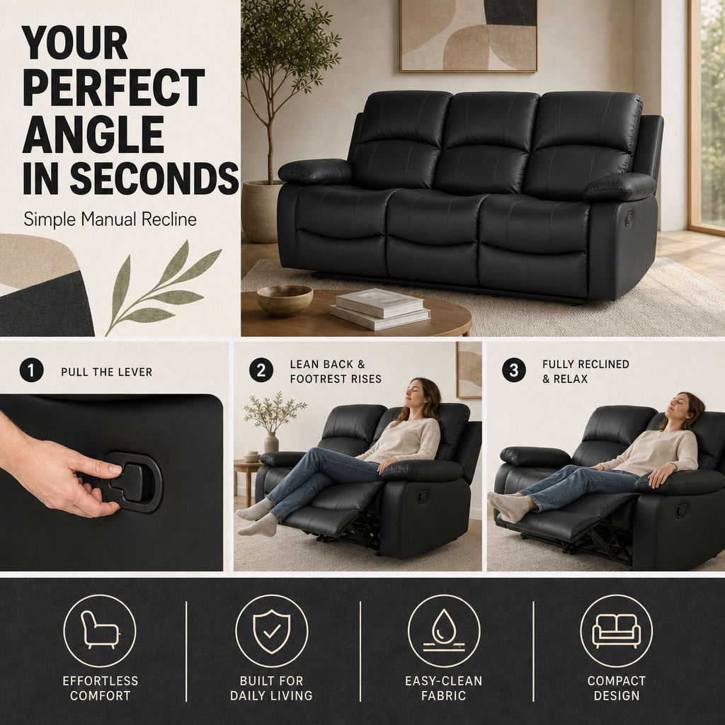 Recliner Sofa Set 2 and 3 Seater, Black Faux Leather, Manual Reclining Sofas with Footrests, Seats 5, Steel Frame