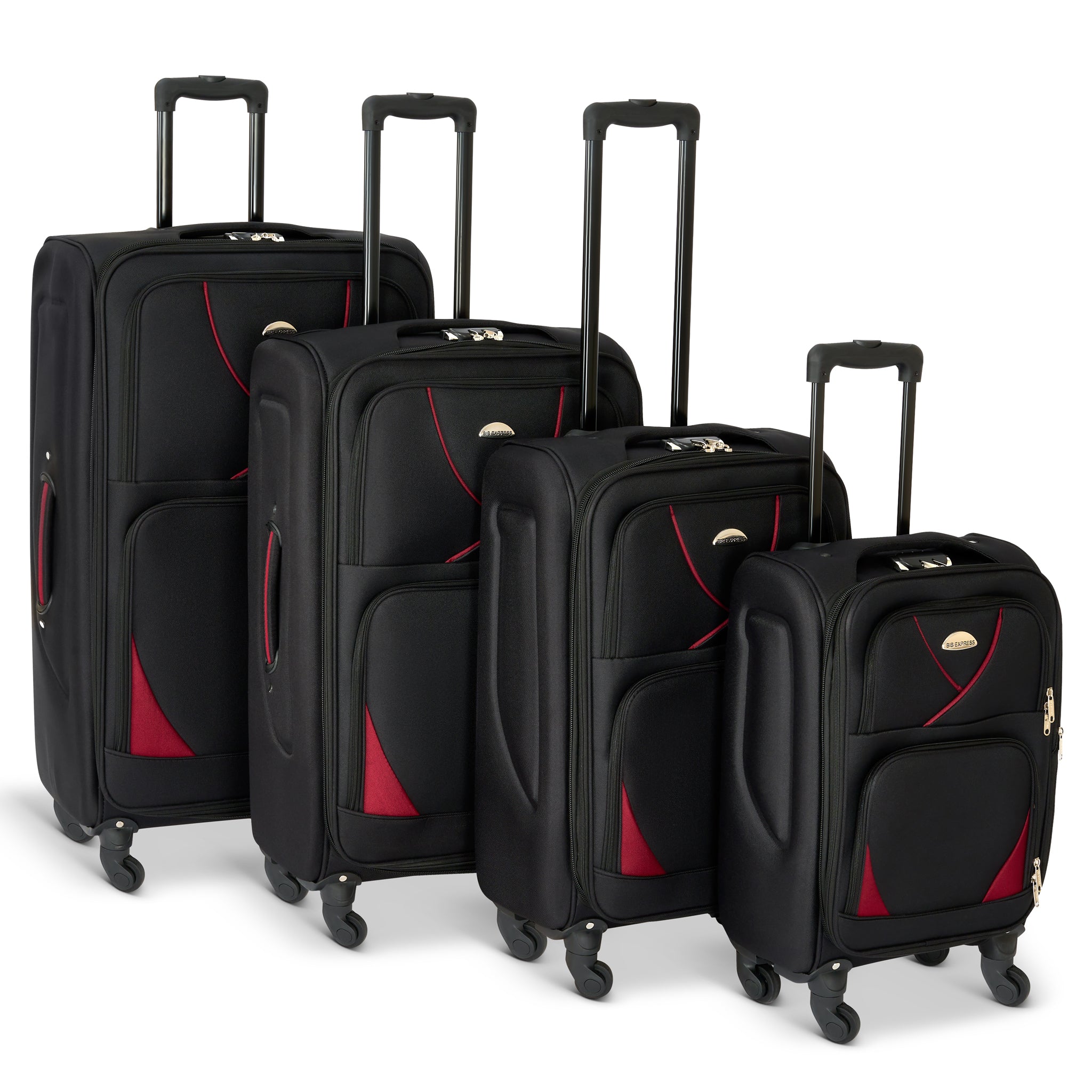 Set of 4 Soft Shell Suitcase Luggage Set, S,M, L, XL , Assorted Colours Bargainia Black & Red