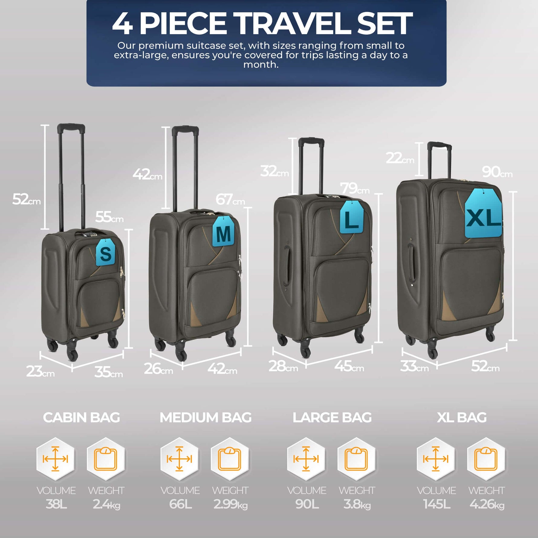 Set of 4 Soft Shell Suitcase Luggage Set, S,M, L, XL , Assorted Colours - Bargainia.com - 