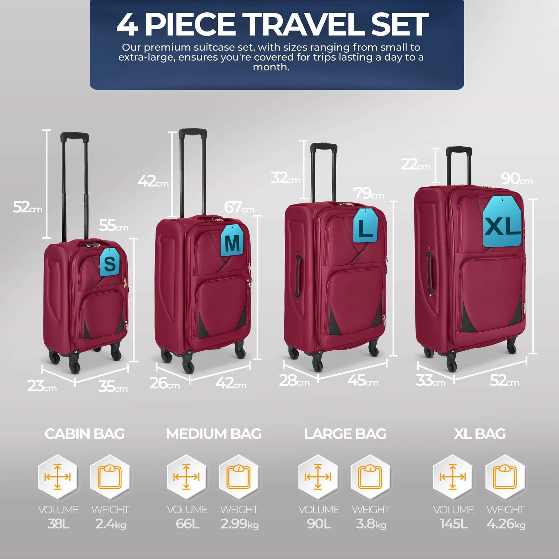 Set of 4 Soft Shell Suitcase Luggage Set, S,M, L, XL , Assorted Colours Bargainia
