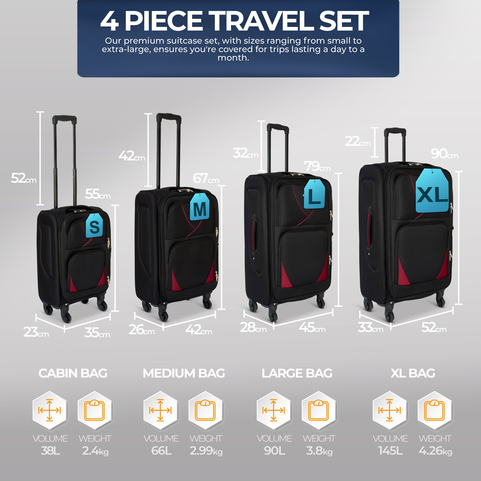 Set of 4 Soft Shell Suitcase Luggage Set, S,M, L, XL , Assorted Colours Bargainia