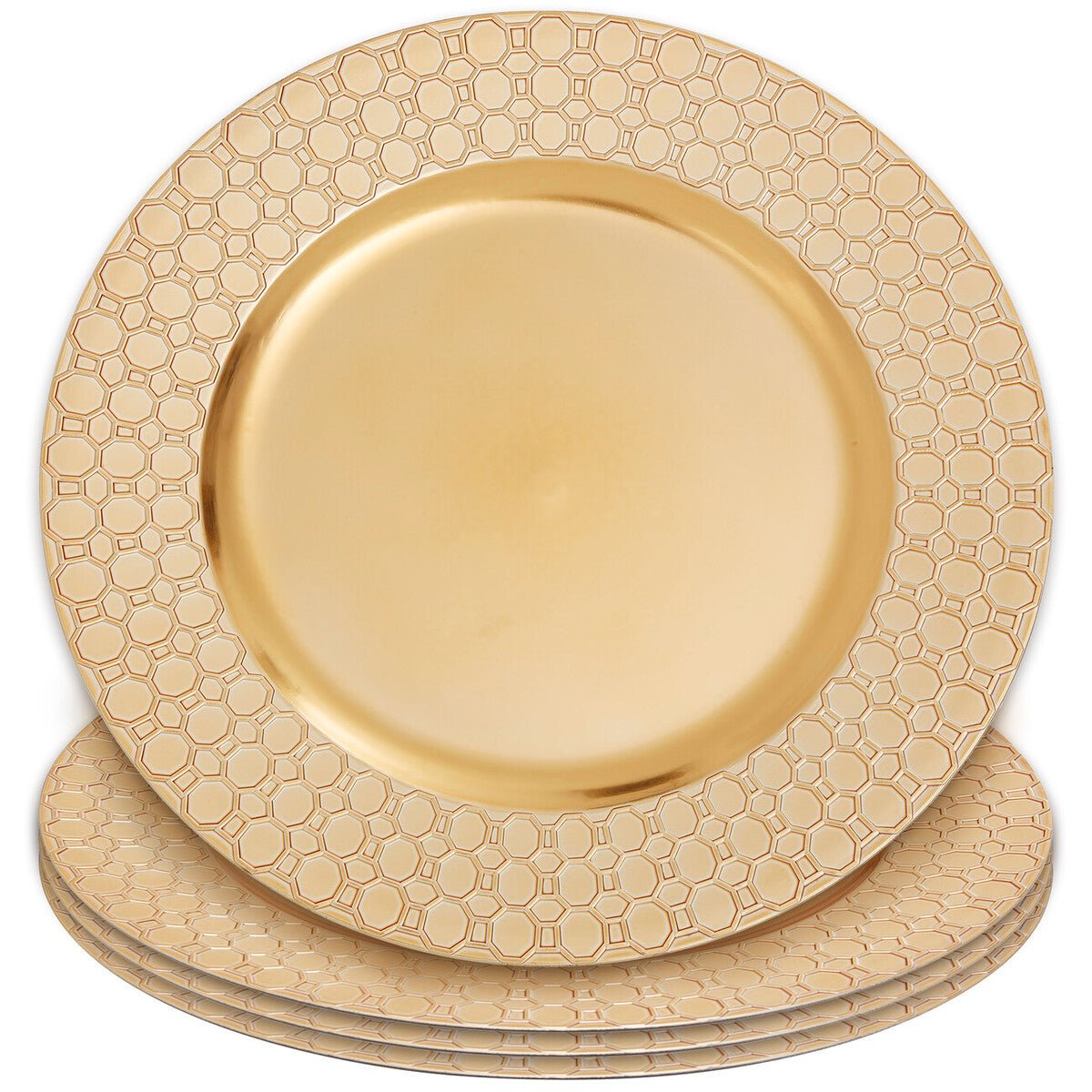 Set of Four 33cm Dia Gold Charger Plates with Octagon Pattern Rim - Bargainia.com - 5063227017300