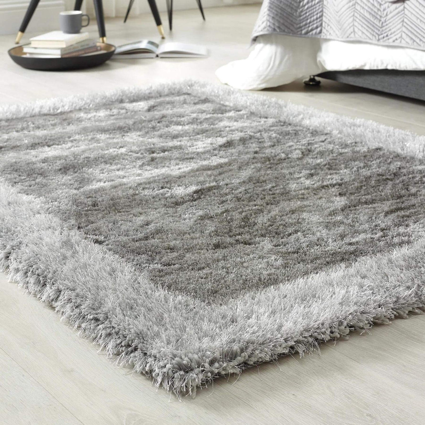 Shimmer Silver Grey Bordered Shaggy Rug - Bargainia.com - 
