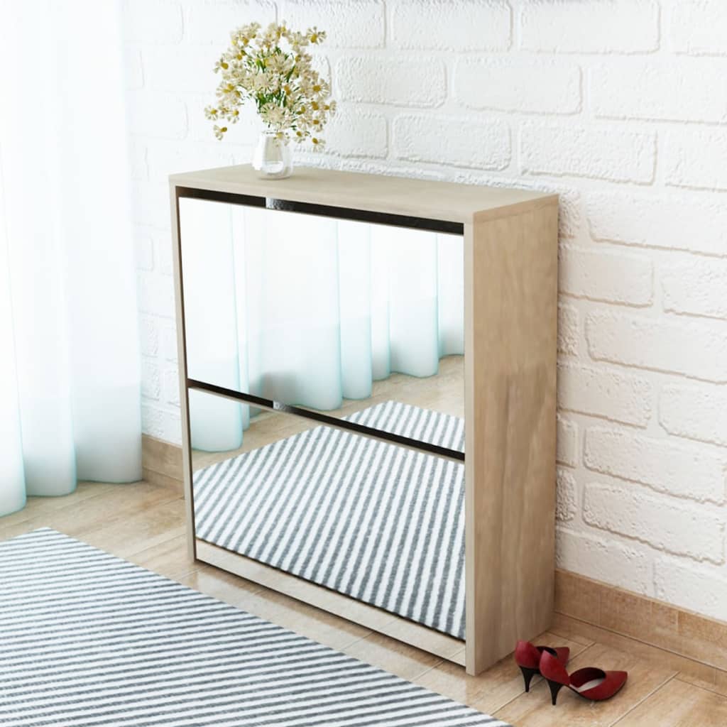 Shoe Cabinet 2 - Layer Mirror Oak 63x17x67 cm - Bargainia.com - 