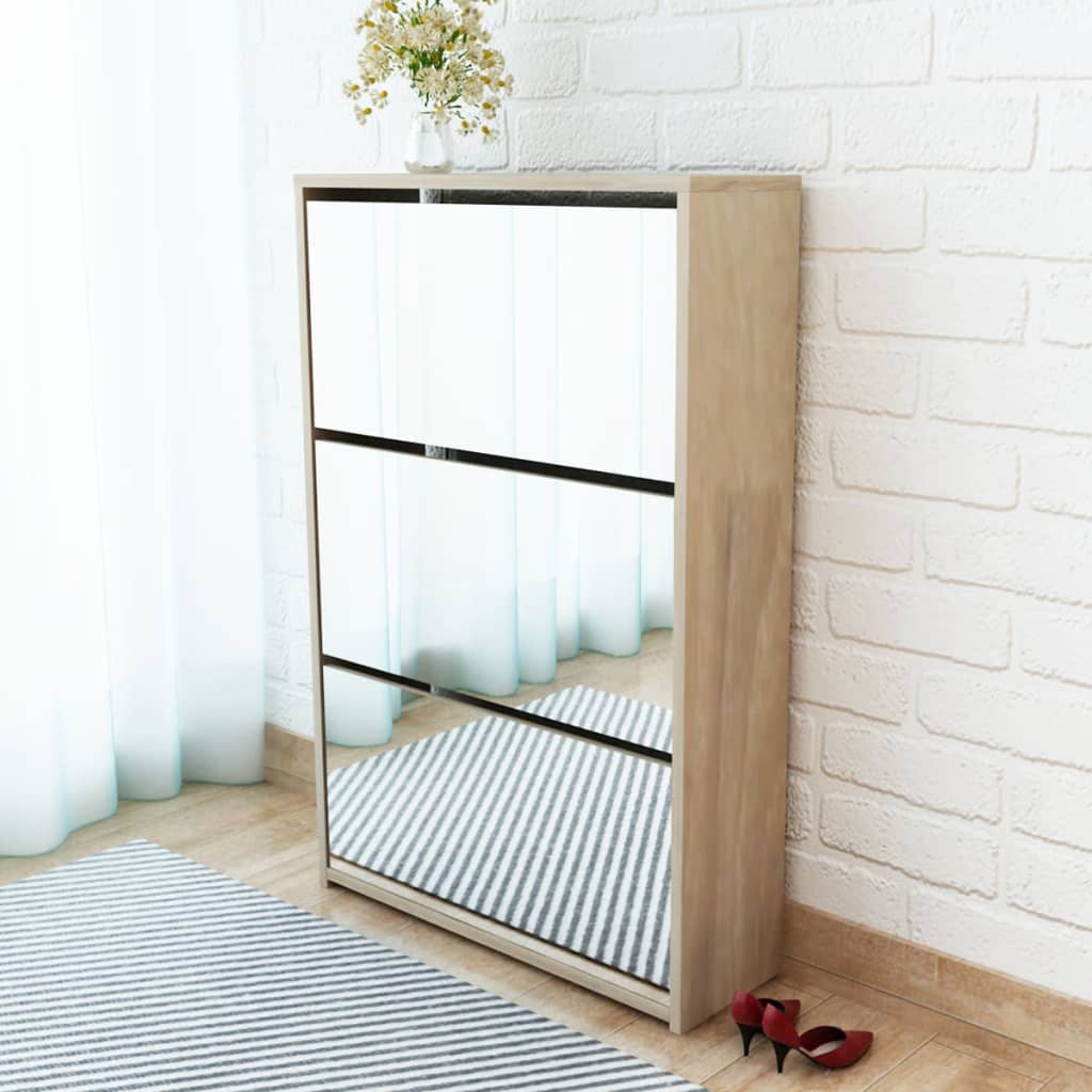 Shoe Cabinet 3 - Layer Mirror Oak 63x17x102.5 cm - Bargainia.com - 