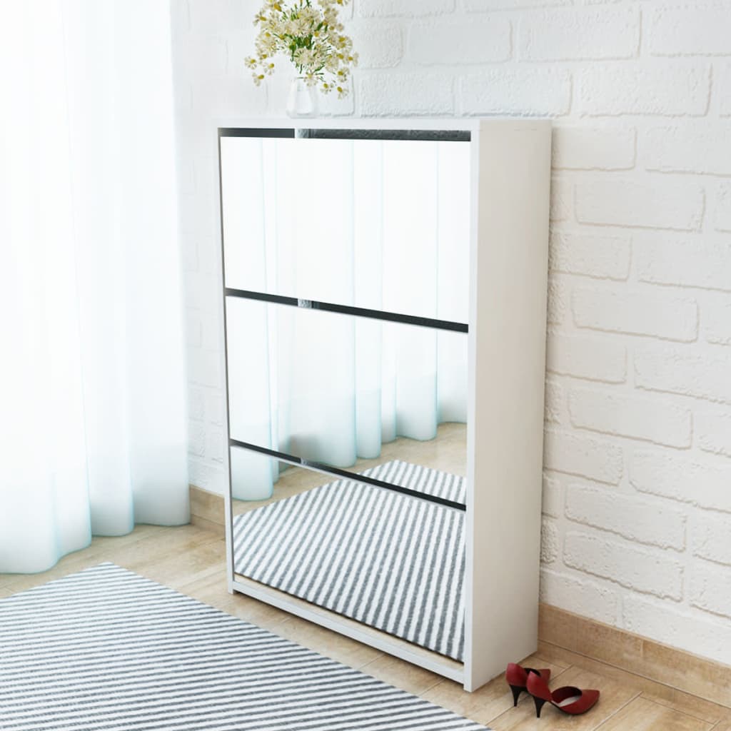 Shoe Cabinet 3 - Layer Mirror White 63x17x102.5 cm - Bargainia.com - 